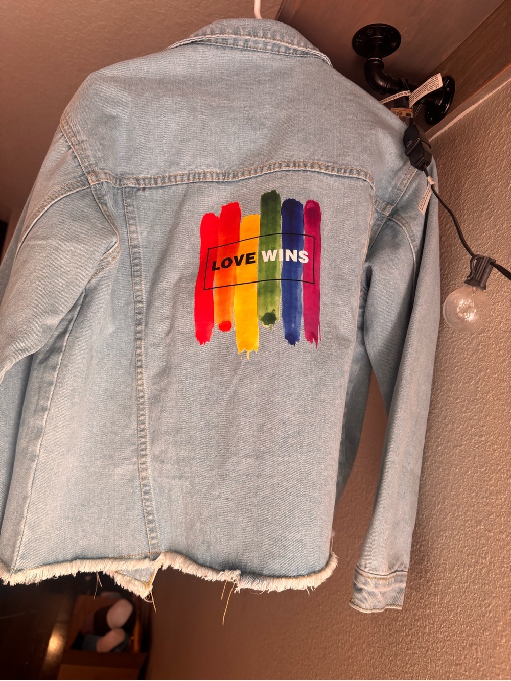Light Blue Denim Jacket with Rainbow Smiley Patch - Women